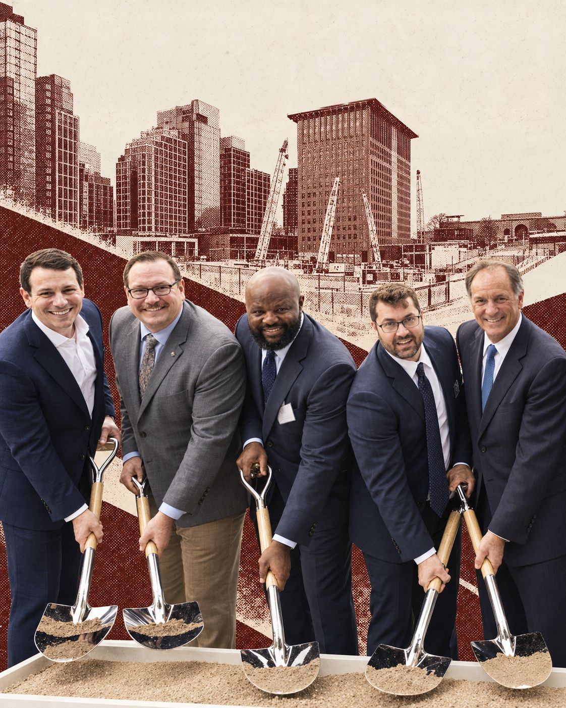 Gosder and four project partners with ceremonial shovels, an illustrated Boston skyline and construction site behind them